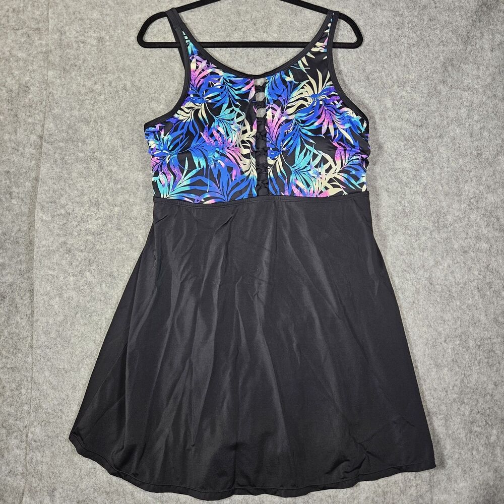 Swimsuits for All Tropical Multicolor Black Bottom Swim Dress Beach Summer Sz 20